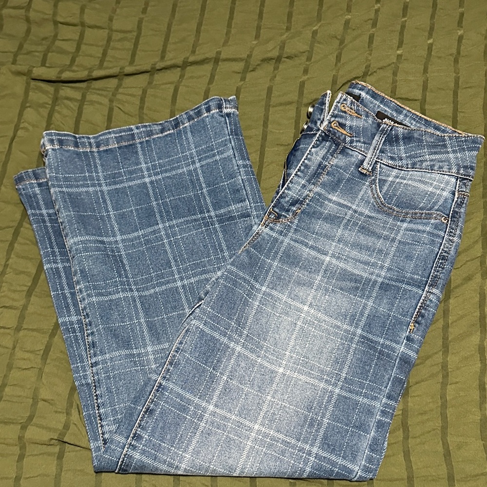 Blue Plaid Flare & Wide Leg Jeans